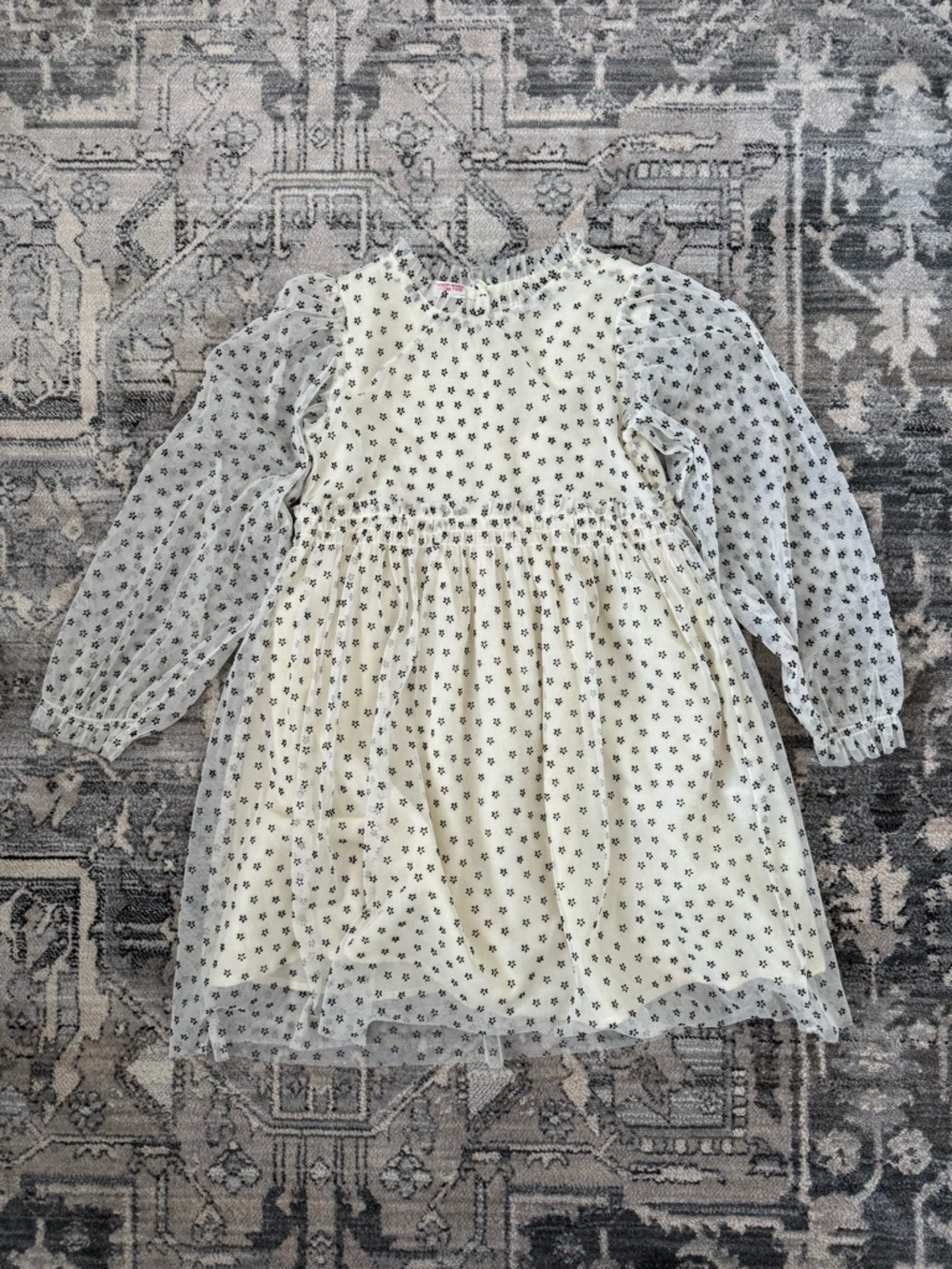 Zara Girls Cream Tulle Dress with Black Dot Floral Print